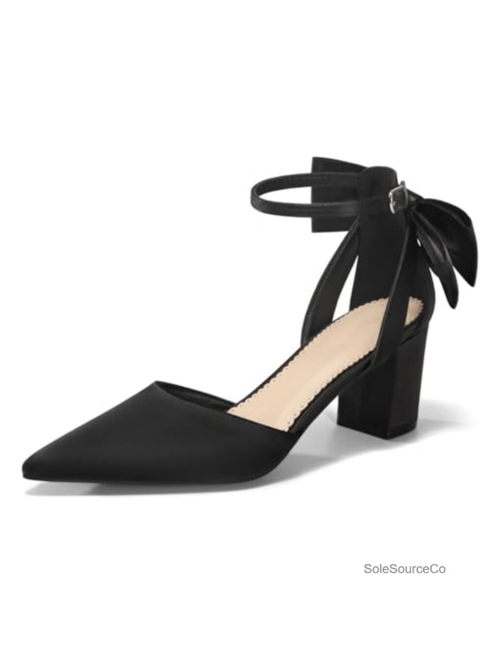 Chunky Heels Ankle Strap Pointed Toe Pumps Bow Satin Block Heel